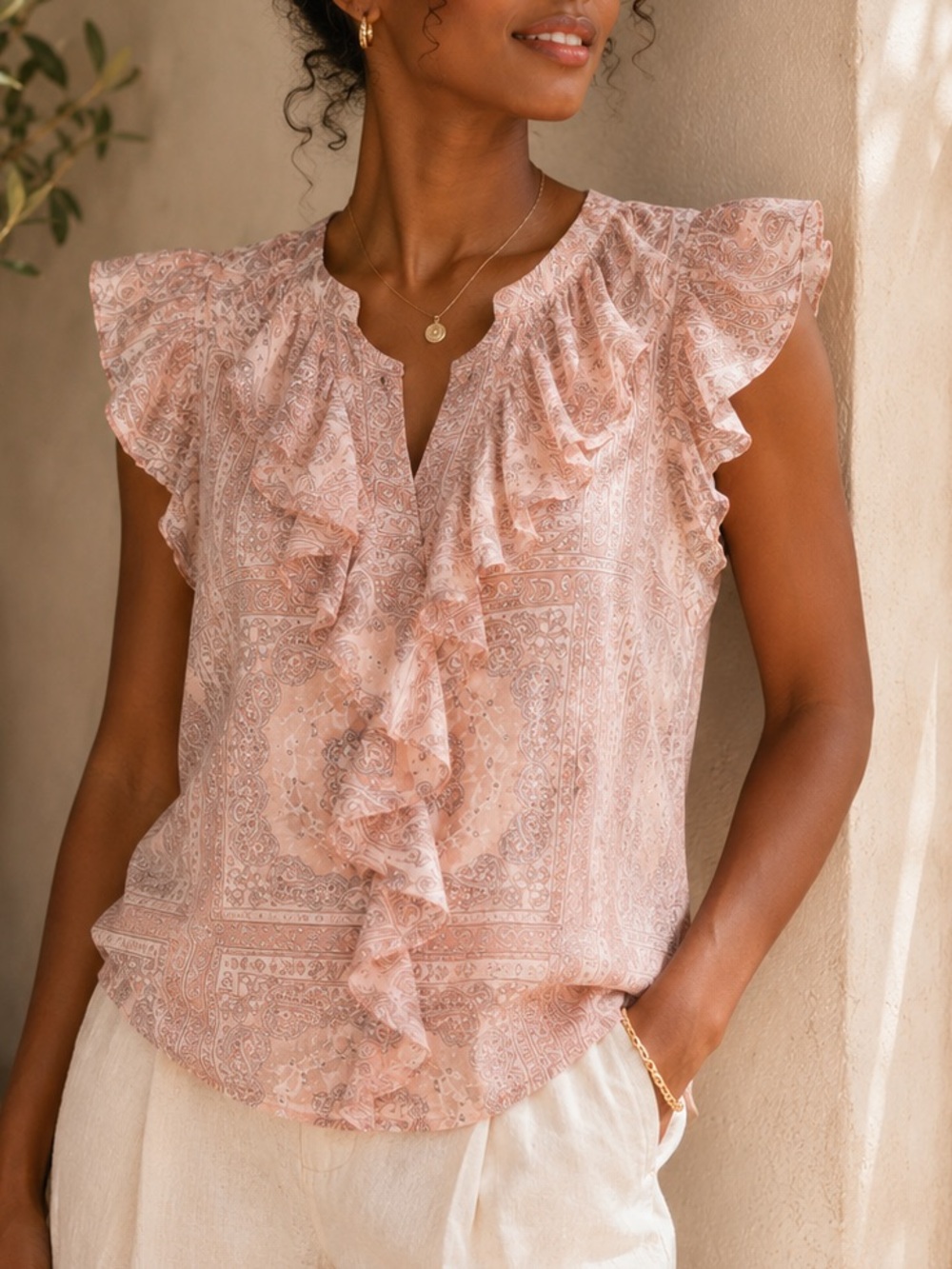 NWT Universal Thread Blush Pink Paisley Ruffle Blouse XS Boho Romantic Feminine